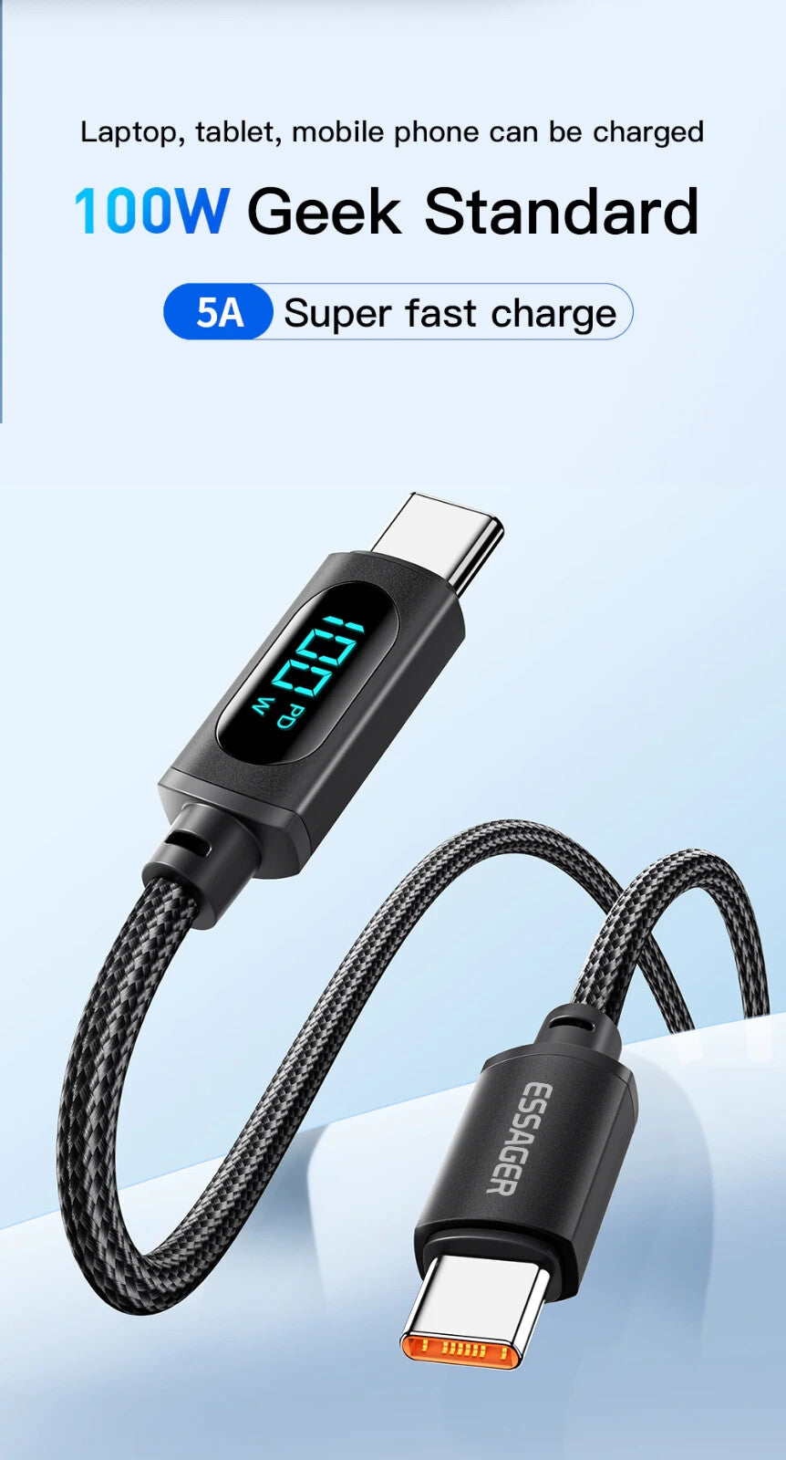 100W USB-C Fast Charging Cable with Power Display